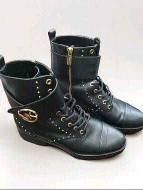 Black MK Women's Studded Lace-Up Combat Boots with Gold Logo Accent,Laces & Zips